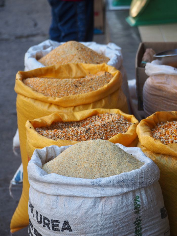 The Art of Drawing Readers In: Your attractive post title goes here Colorful grains stored in large sacks at an outdoor market, showcasing abundance and variety.